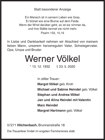 Traueranzeige von Werner Völkel von Siegener Zeitung