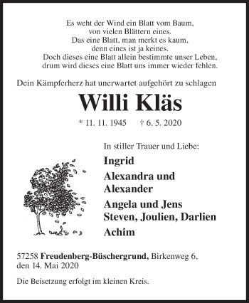 Traueranzeige von Willi Kläs von Siegener Zeitung