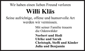 Traueranzeige von Willi Kläs von Siegener Zeitung