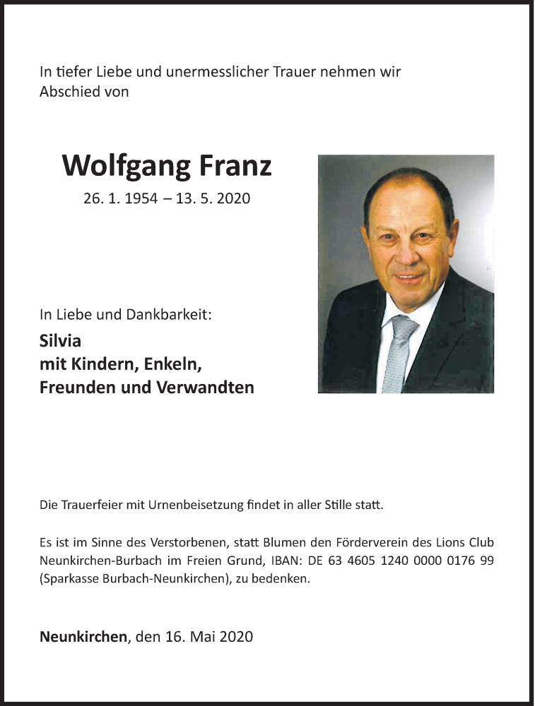  Traueranzeige für Wolfgang Franz vom 16.05.2020 aus Siegener Zeitung