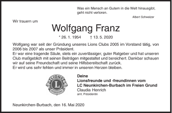 Traueranzeige von Wolfgang Franz von Siegener Zeitung