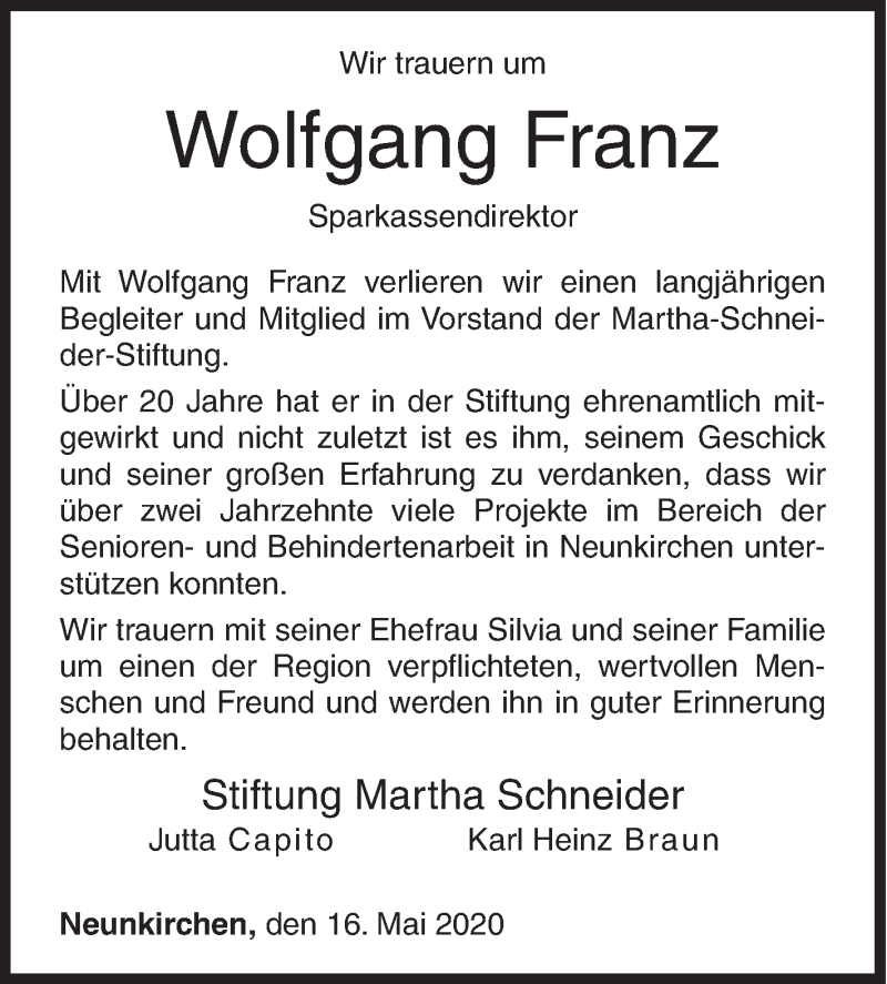  Traueranzeige für Wolfgang Franz vom 16.05.2020 aus Siegener Zeitung