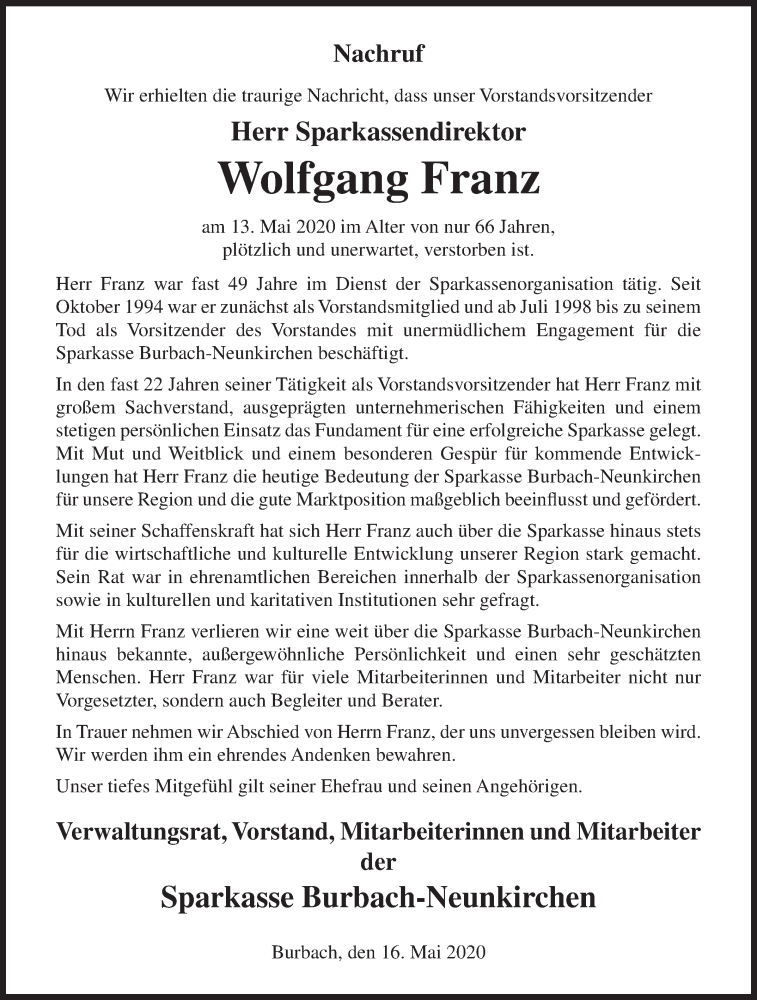  Traueranzeige für Wolfgang Franz vom 16.05.2020 aus Siegener Zeitung