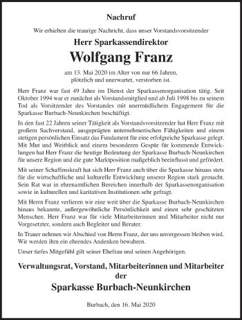Traueranzeige von Wolfgang Franz von Siegener Zeitung