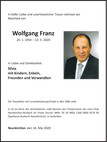Traueranzeige von Wolfgang Franz von Siegener Zeitung