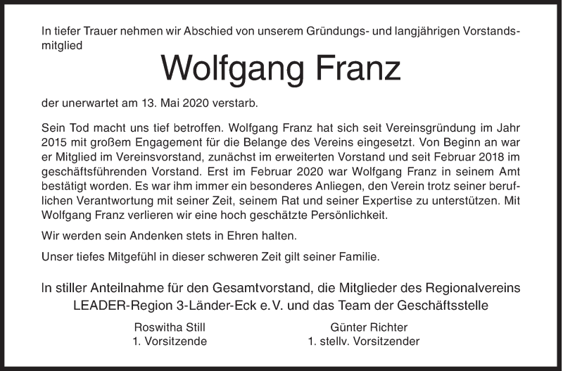  Traueranzeige für Wolfgang Franz vom 16.05.2020 aus Siegener Zeitung