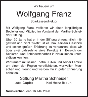 Traueranzeige von Wolfgang Franz von Siegener Zeitung