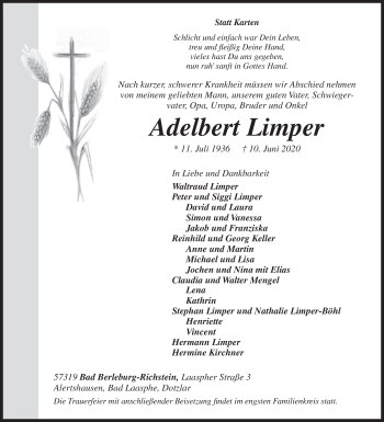 Traueranzeige von Adelbert Limper von Siegener Zeitung