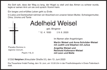 Traueranzeige von Adelheid Weisel von Siegener Zeitung