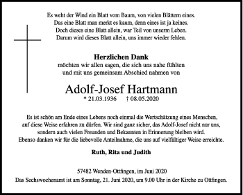 Traueranzeige von Adolf-Josef Hartmann von Siegener Zeitung