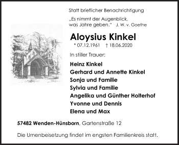 Traueranzeige von Aloysius Kinkel von Siegener Zeitung