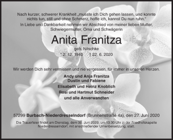 Traueranzeige von Anita Franitza von Siegener Zeitung