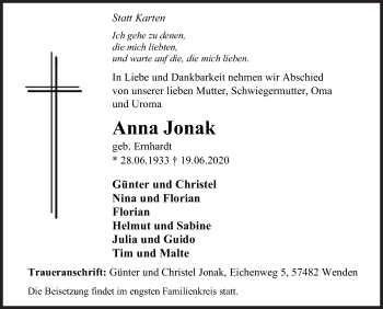 Traueranzeige von Anna Jonak von Siegener Zeitung