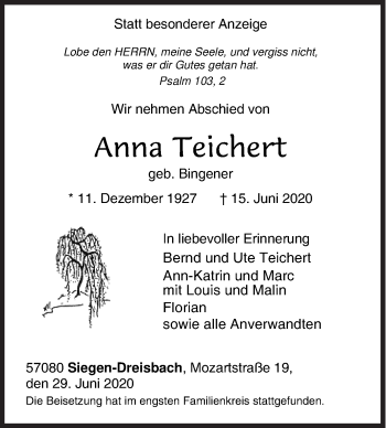 Traueranzeige von Anna Teichert von Siegener Zeitung