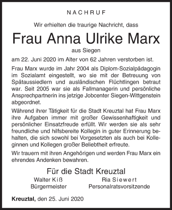 Traueranzeige von Anna Ulrike Marx von Siegener Zeitung