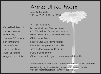 Traueranzeige von Anna Ulrike Marx von Siegener Zeitung