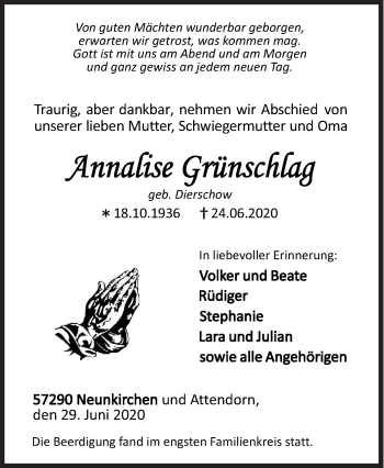 Traueranzeige von Annalise Grünschlag von Siegener Zeitung