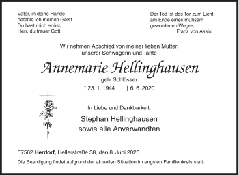 Traueranzeige von Annemarie Hellinghausen von Siegener Zeitung