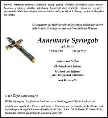 Traueranzeige von Annemarie Springob von Siegener Zeitung