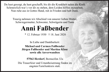 Traueranzeige von Anni Faßbender von Siegener Zeitung