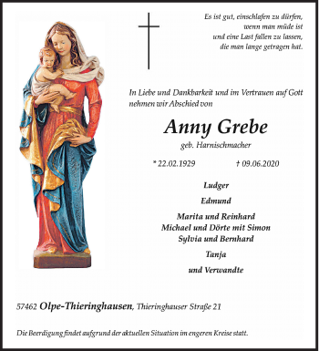 Traueranzeige von Anny Grebe von Siegener Zeitung