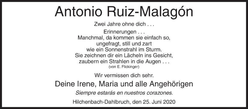  Traueranzeige für Antonio Ruiz-Malagon vom 25.06.2020 aus Siegener Zeitung