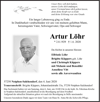 Traueranzeige von Artur Löhr von Siegener Zeitung