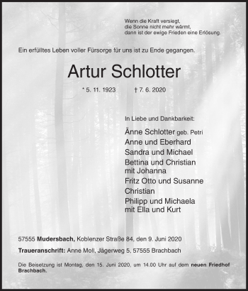Traueranzeige von Artur Schlotter von Siegener Zeitung