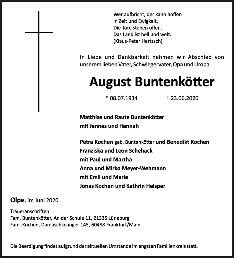  Traueranzeige für August Buntenkötter vom 27.06.2020 aus Siegener Zeitung