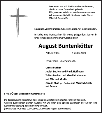 Traueranzeige von August Buntenkötter von Siegener Zeitung