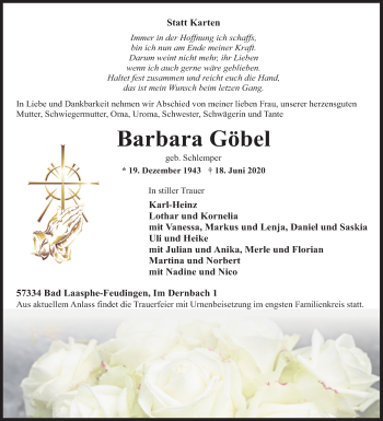 Traueranzeige von Barbara Göbel von Siegener Zeitung