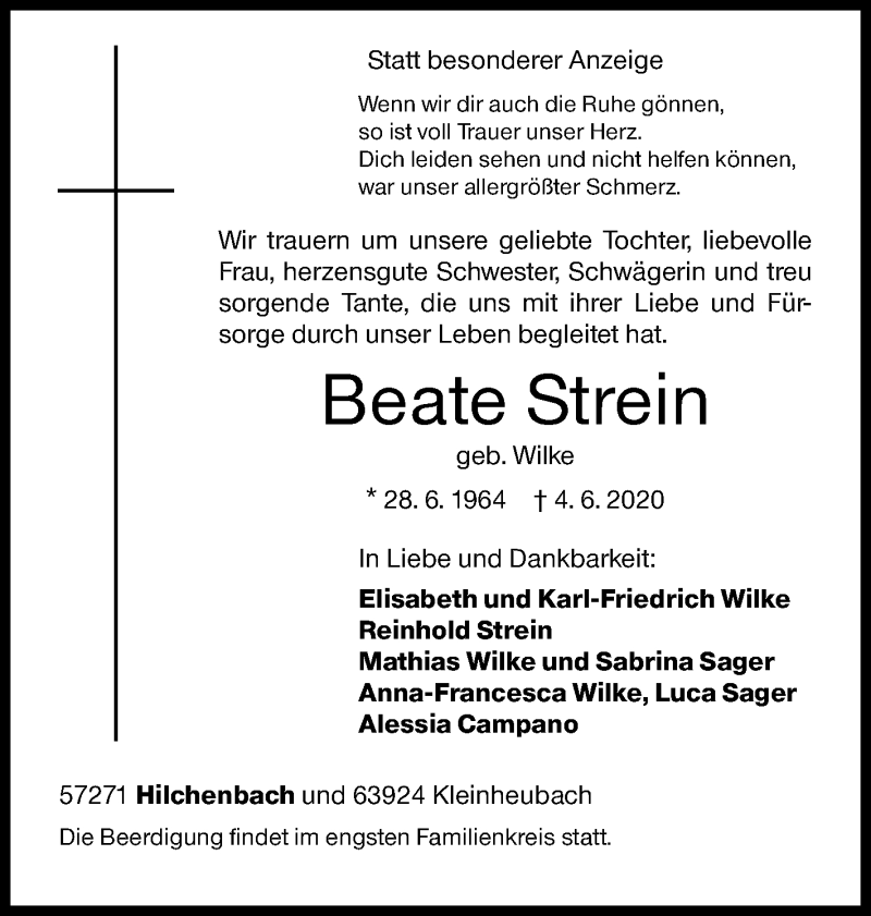 Traueranzeige für Beate Strein vom 06.06.2020 aus Siegener Zeitung