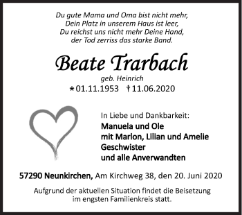 Traueranzeige von Beate Trarbach von Siegener Zeitung