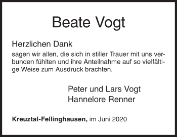 Traueranzeige von Beate Vogt von Siegener Zeitung