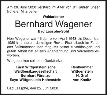 Traueranzeige von Bernhard Wagener von Siegener Zeitung