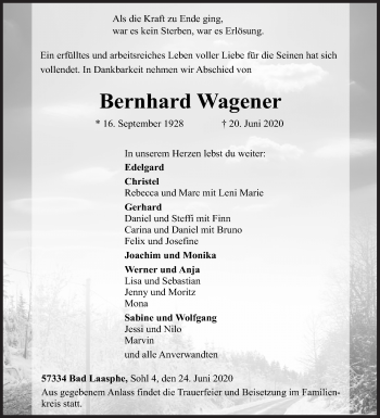 Traueranzeige von Bernhard Wagener von Siegener Zeitung