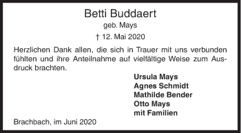 Traueranzeige von Betti Buddaert von Siegener Zeitung