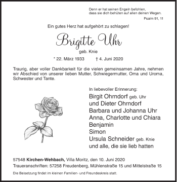 Traueranzeige von Brigitte Uhr von Siegener Zeitung