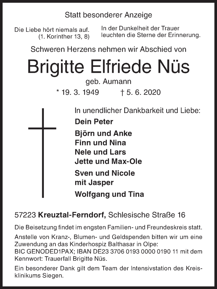  Traueranzeige für Brigitte Elfriede Nüs vom 10.06.2020 aus Siegener Zeitung