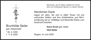 Traueranzeige von Brunhilde Seiler von Siegener Zeitung