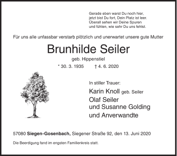 Traueranzeige von Brunhilde Seiler von Siegener Zeitung