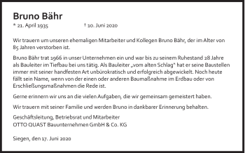 Traueranzeige von Bruno Bähr von Siegener Zeitung