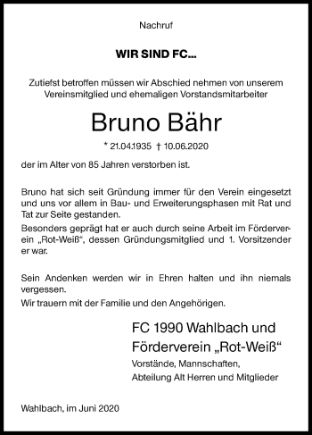 Traueranzeige von Bruno Bähr von Siegener Zeitung