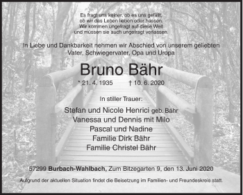 Traueranzeige von Bruno Bähr von Siegener Zeitung