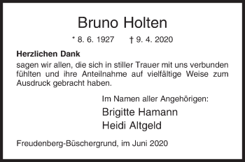 Traueranzeige von Bruno Holten von Siegener Zeitung