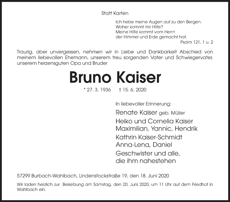  Traueranzeige für Bruno Kaiser vom 18.06.2020 aus Siegener Zeitung