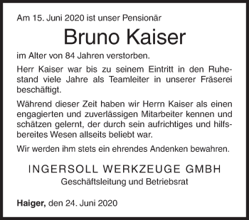 Traueranzeige von Bruno Kaiser von Siegener Zeitung