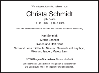 Traueranzeige von Christa Schmidt von Siegener Zeitung