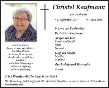 Traueranzeige von Christel Kaufmann von Siegener Zeitung