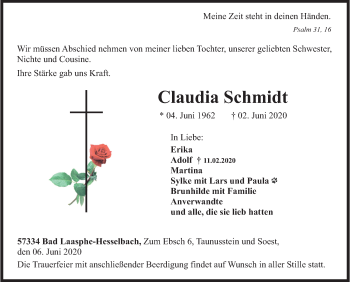 Traueranzeige von Claudia Schmidt von Siegener Zeitung